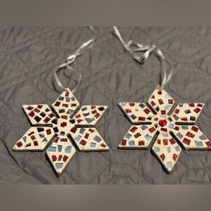 Unique Vintage Mosaic Red Glass & Mirrored Christmas Snowflake Ornaments
